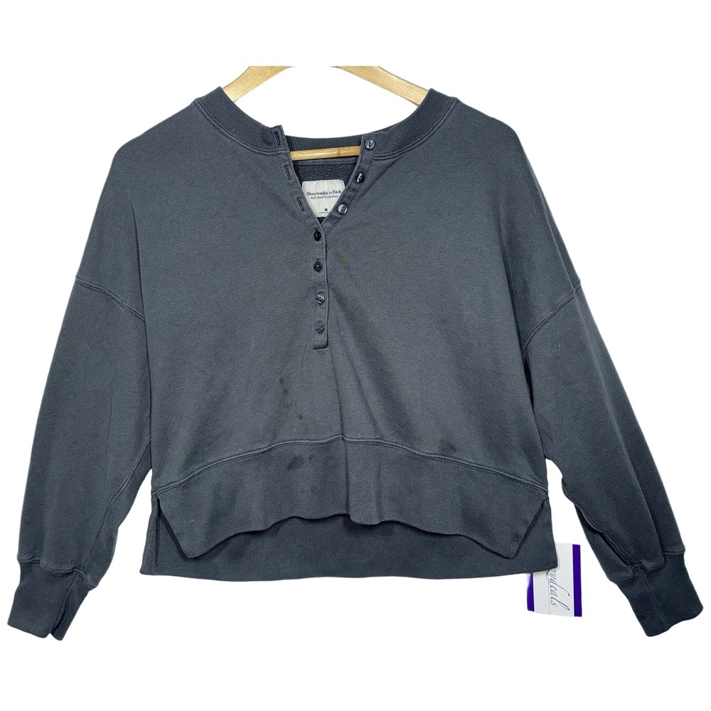 Abercrombie & Fitch Soft AF Gray Fleece Long Sleeve Henley V-Neck Sweater Size M